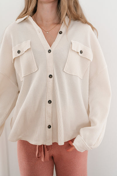 With Love Waffle Knit Button Up - Cream