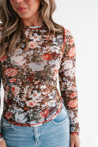Wildflower Floral Long Sleeve Mesh Top - Brown