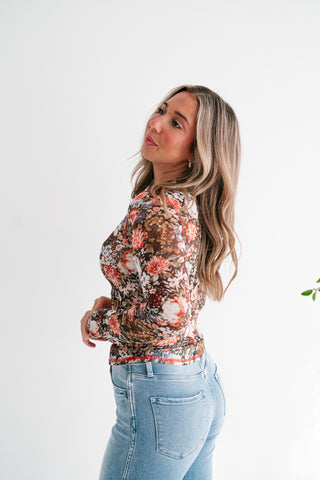 Wildflower Floral Long Sleeve Mesh Top - Brown