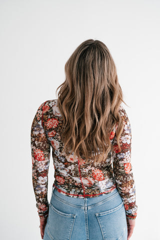 Wildflower Floral Long Sleeve Mesh Top - Brown