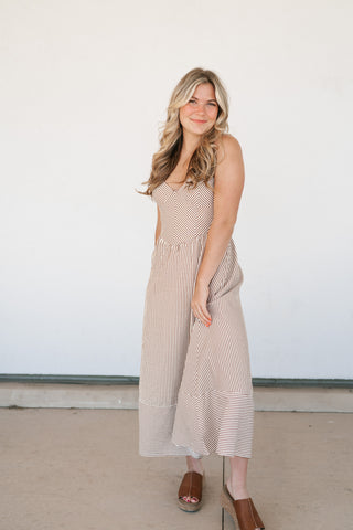 Countryside Stripe Basque Waist Dress - Mocha