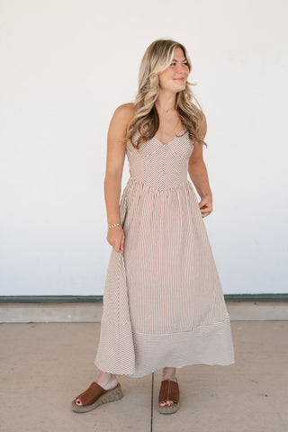 Countryside Stripe Basque Waist Dress - Mocha
