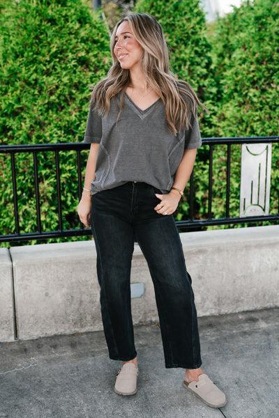 Raw Edge V-Neck Short Sleeve Top