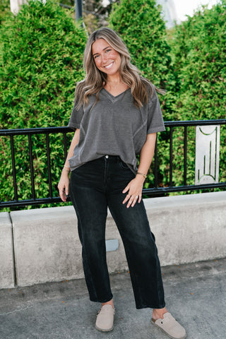 Raw Edge V-Neck Short Sleeve Top