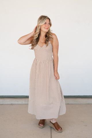 Countryside Stripe Basque Waist Dress - Mocha