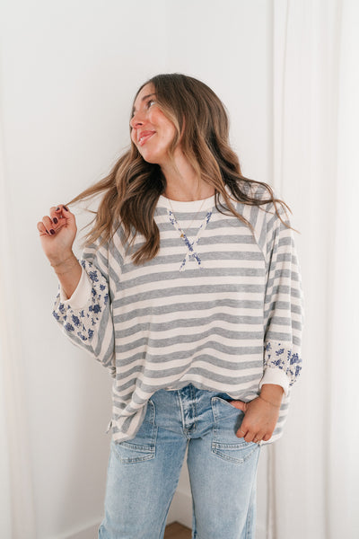 Everly Striped Floral Detail Top