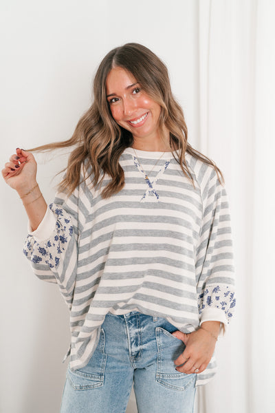 Everly Striped Floral Detail Top