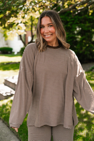 Skyler Oversized Striped Long Sleeve Top - Brown