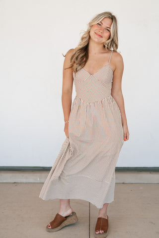 Countryside Stripe Basque Waist Dress - Mocha