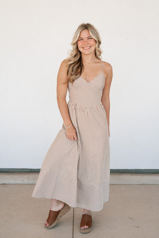 Countryside Stripe Basque Waist Dress - Mocha