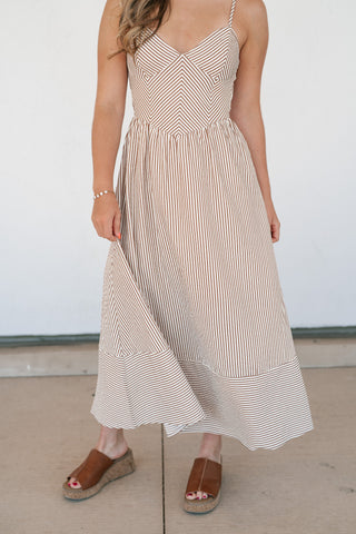 Countryside Stripe Basque Waist Dress - Mocha