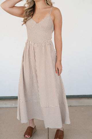 Countryside Stripe Basque Waist Dress - Mocha