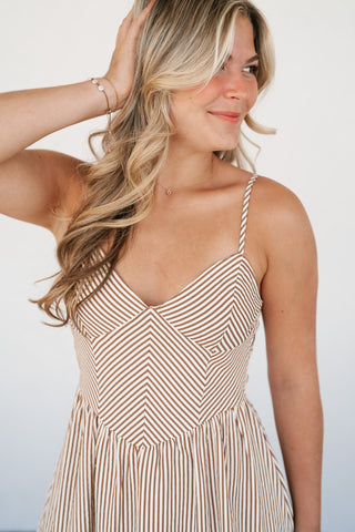 Countryside Stripe Basque Waist Dress - Mocha