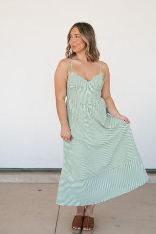 Countryside Stripe Basque Waist Dress - Olive