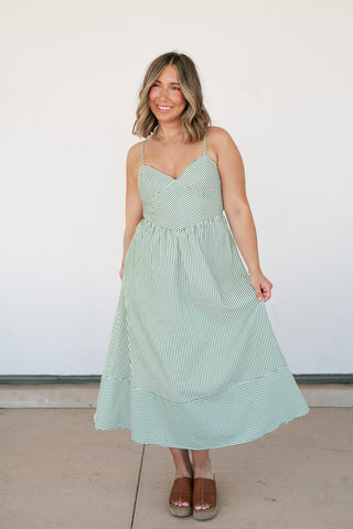 Countryside Stripe Basque Waist Dress - Olive