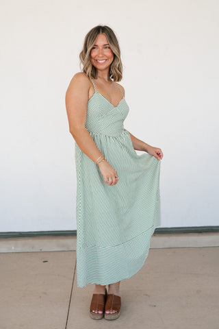 Countryside Stripe Basque Waist Dress - Olive