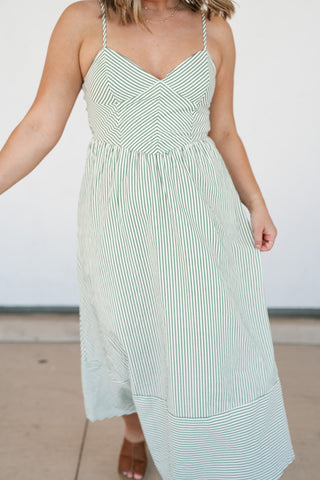 Countryside Stripe Basque Waist Dress - Olive