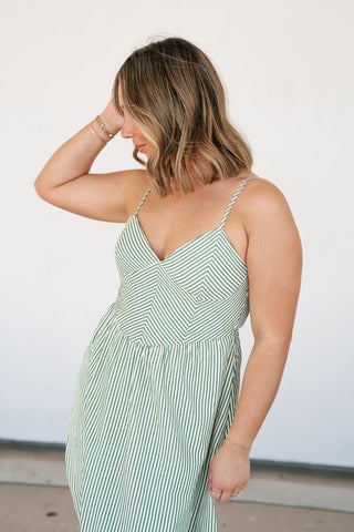 Countryside Stripe Basque Waist Dress - Olive