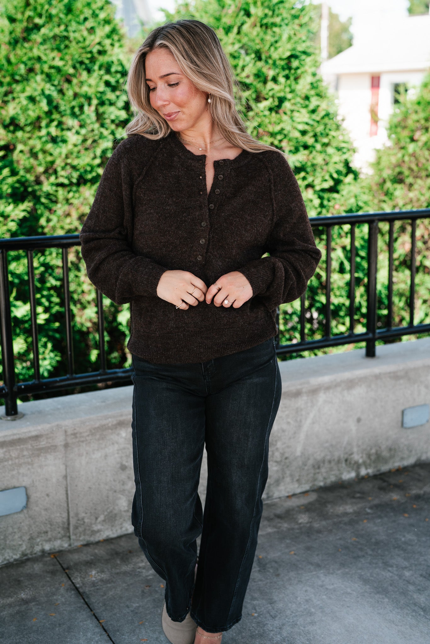 Coffee Break Henley Button Front Knit Sweater