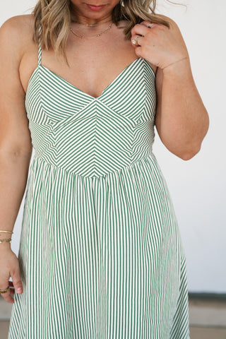 Countryside Stripe Basque Waist Dress - Olive