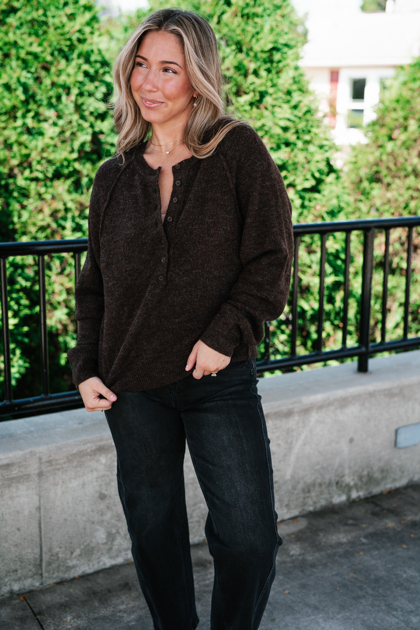 Coffee Break Henley Button Front Knit Sweater