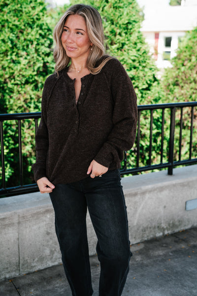 Coffee Break Henley Button Front Knit Sweater