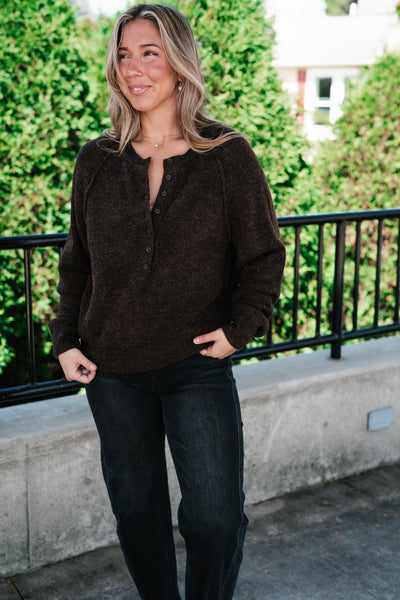 Coffee Break Henley Button Front Knit Sweater