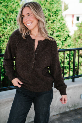 Coffee Break Henley Button Front Knit Sweater