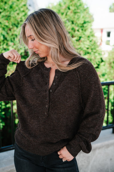 Coffee Break Henley Button Front Knit Sweater