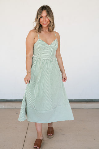 Countryside Stripe Basque Waist Dress - Olive