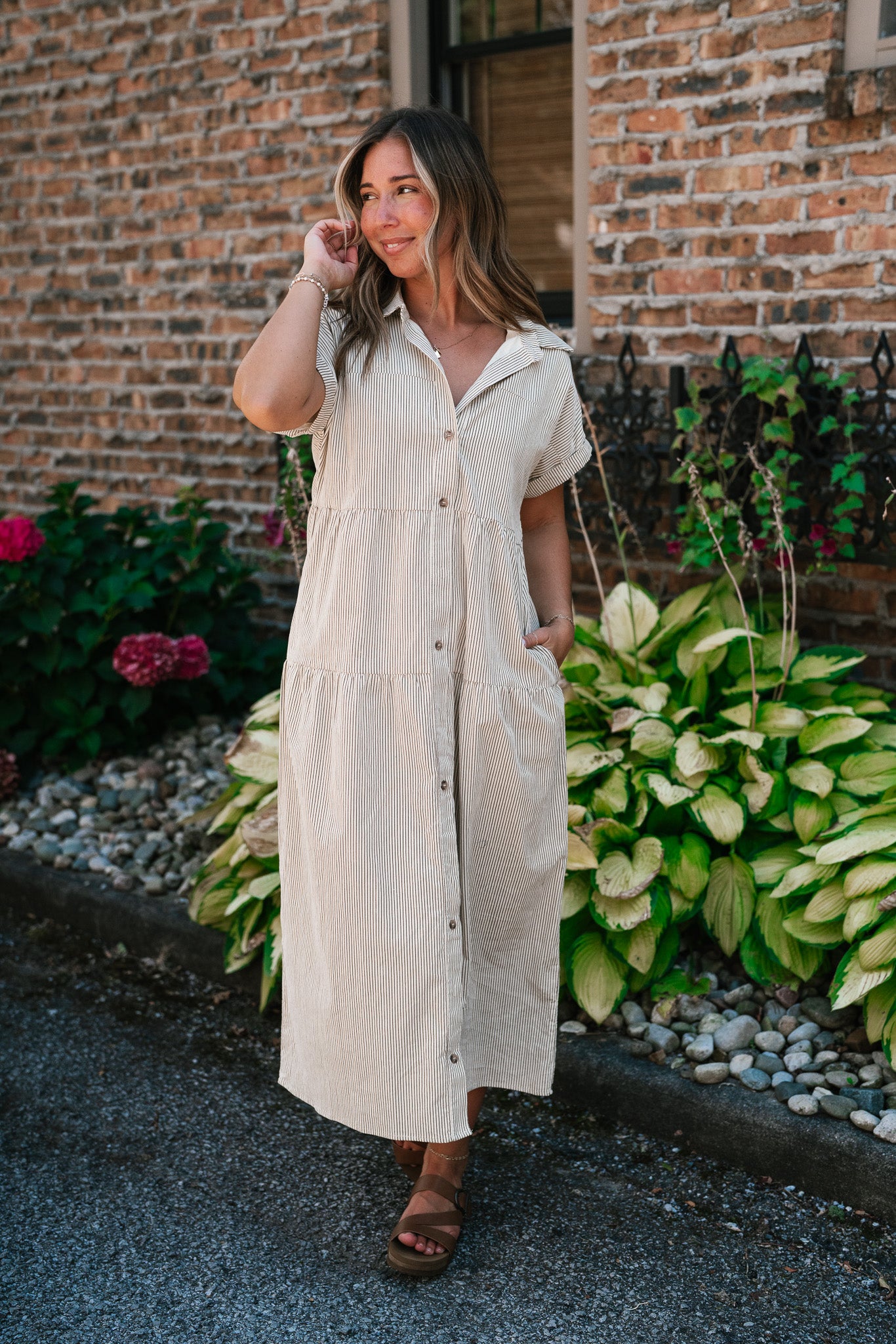 True To You Corduroy Button Up Tiered Midi Dress