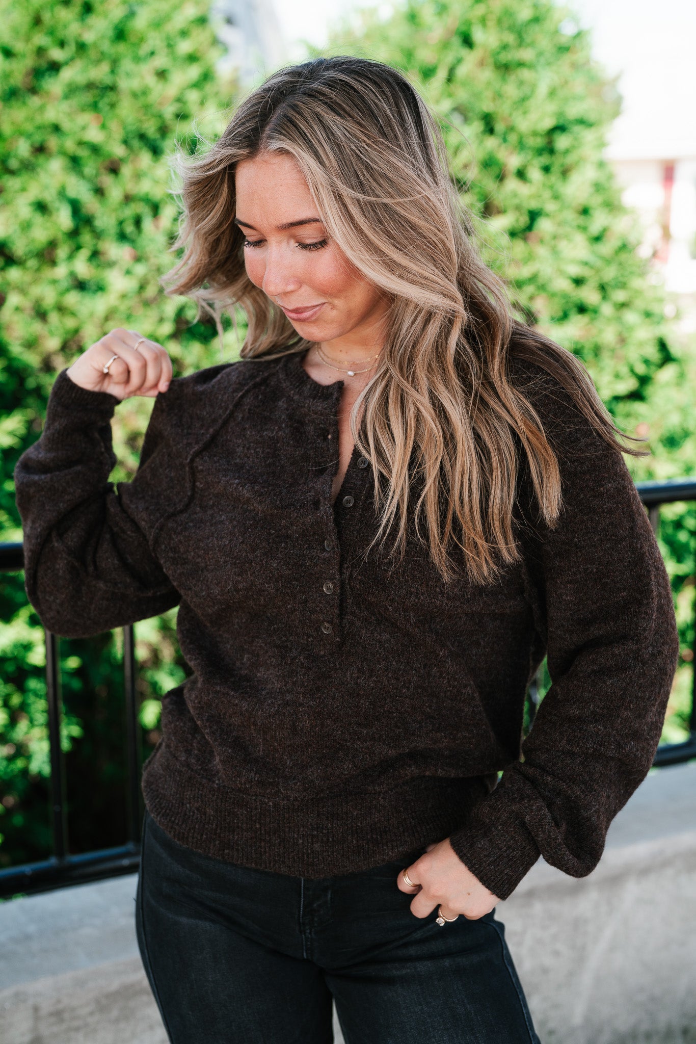 Coffee Break Henley Button Front Knit Sweater