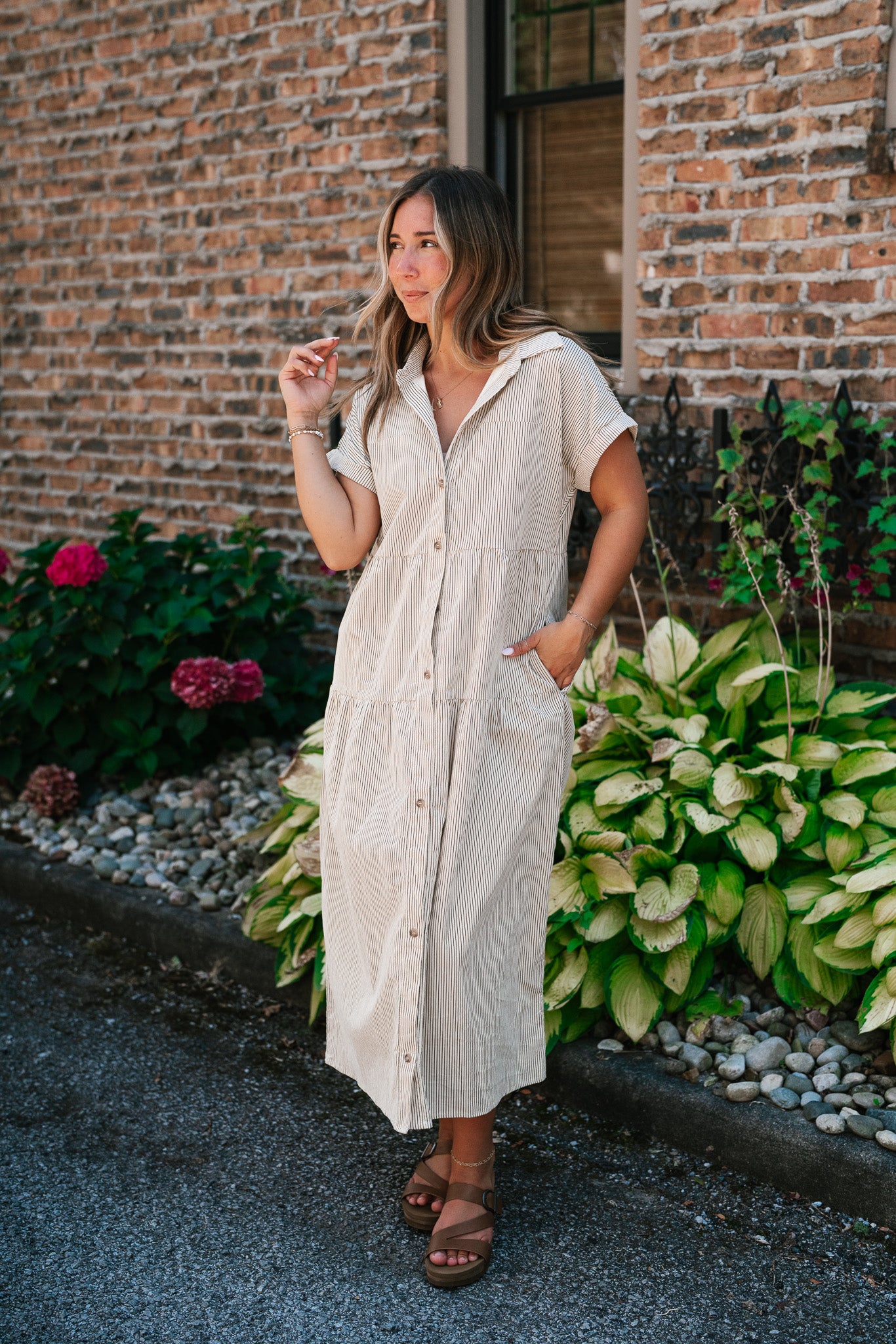 True To You Corduroy Button Up Tiered Midi Dress