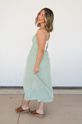 Countryside Stripe Basque Waist Dress - Olive