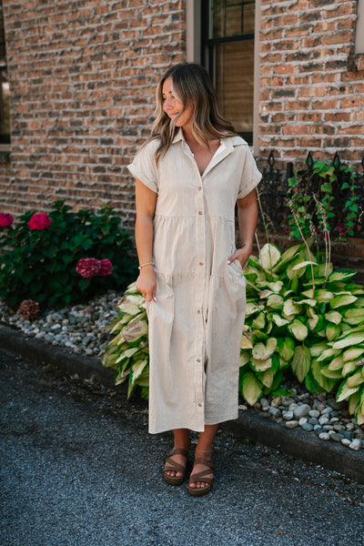 True To You Corduroy Button Up Tiered Midi Dress