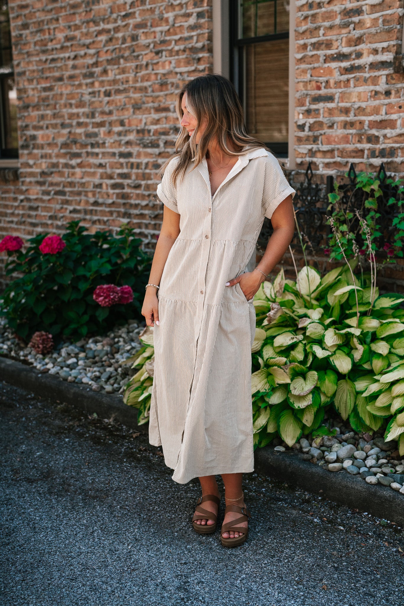 True To You Corduroy Button Up Tiered Midi Dress