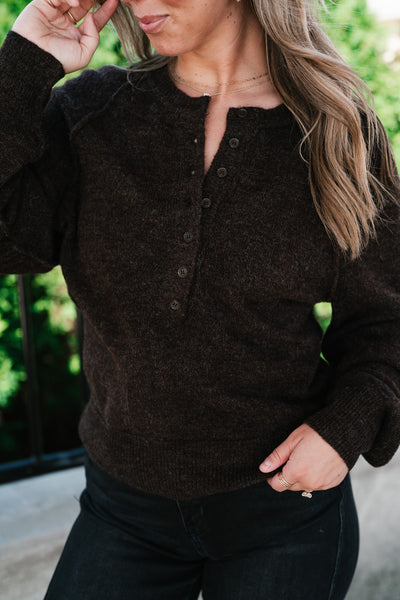 Coffee Break Henley Button Front Knit Sweater