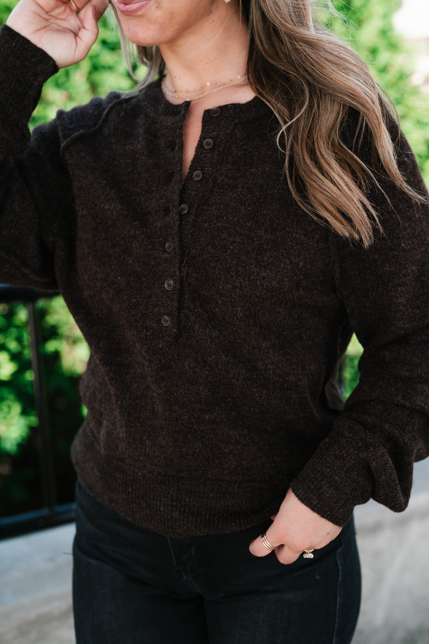 Coffee Break Henley Button Front Knit Sweater