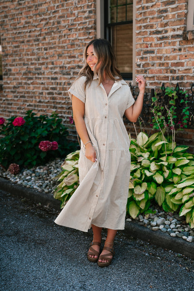 True To You Corduroy Button Up Tiered Midi Dress