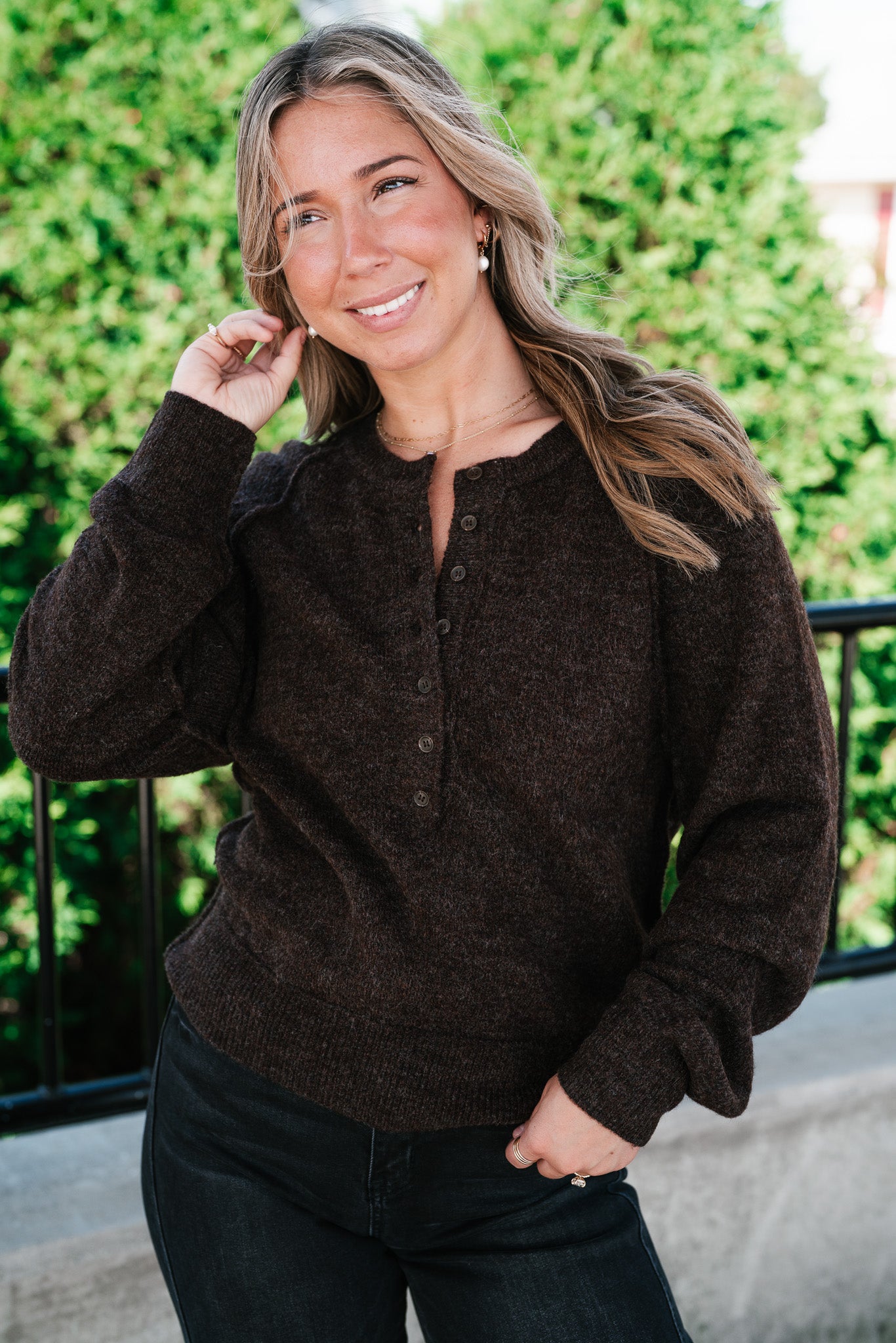 Coffee Break Henley Button Front Knit Sweater