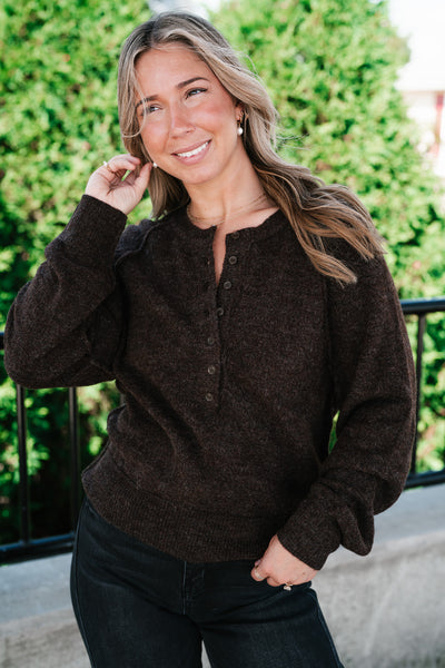 Coffee Break Henley Button Front Knit Sweater