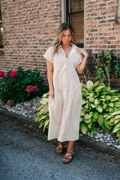 True To You Corduroy Button Up Tiered Midi Dress