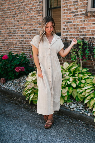 True To You Corduroy Button Up Tiered Midi Dress