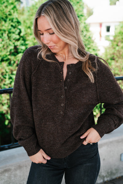 Coffee Break Henley Button Front Knit Sweater