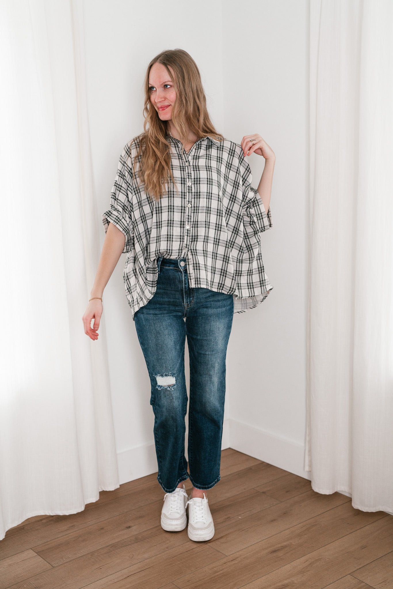 All Day Style Plaid Dolman Sleeve Top