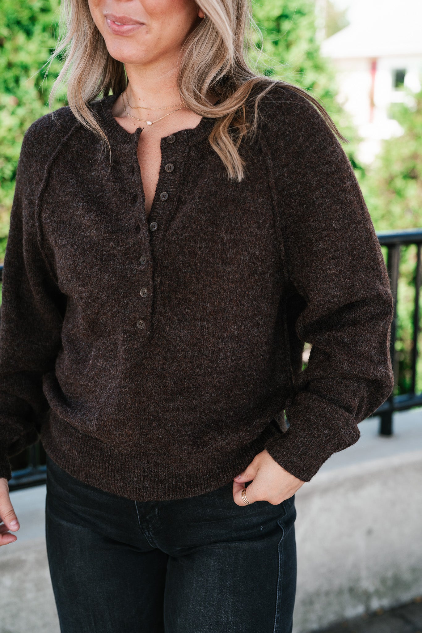 Coffee Break Henley Button Front Knit Sweater