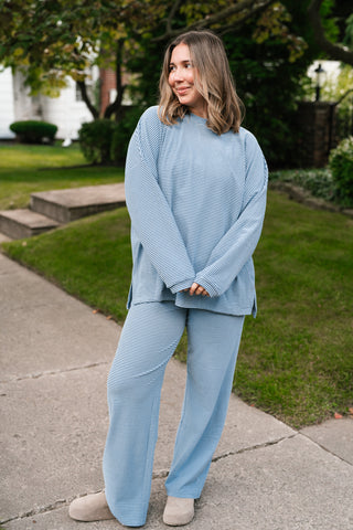 Skyler Oversized Striped Long Sleeve Top - Dusty Blue