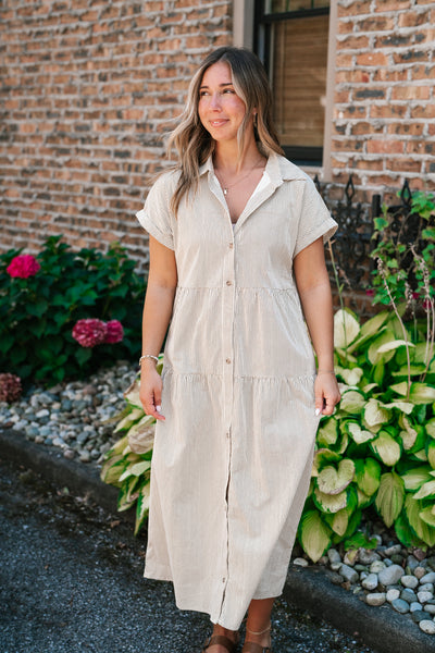 True To You Corduroy Button Up Tiered Midi Dress