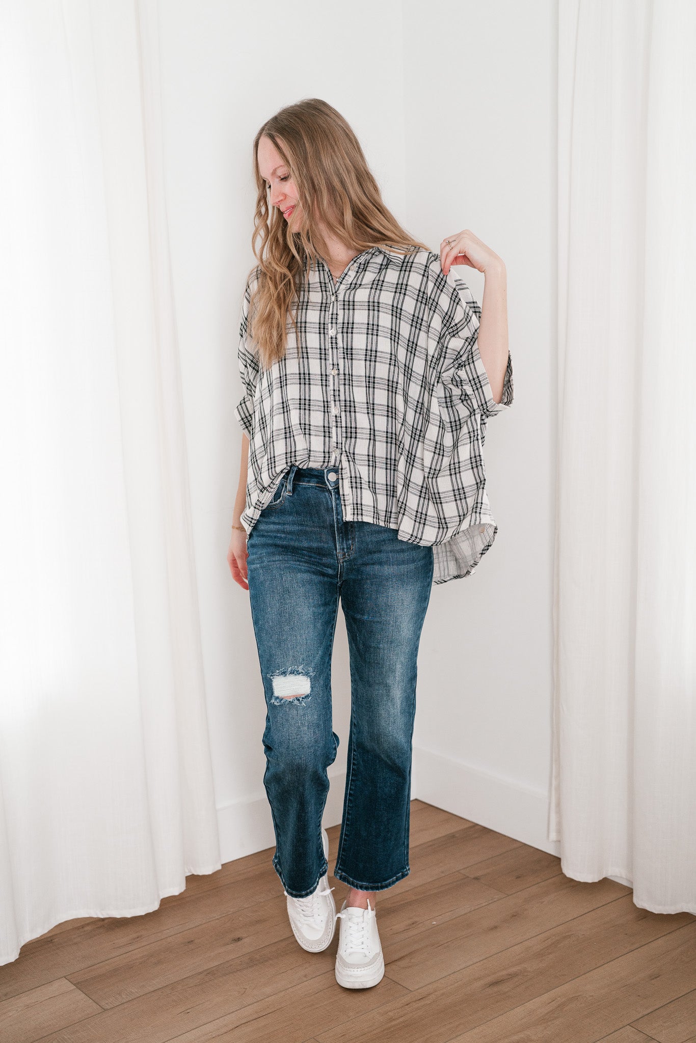 All Day Style Plaid Dolman Sleeve Top