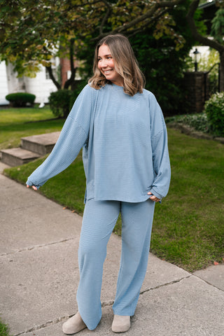 Skyler Oversized Striped Long Sleeve Top - Dusty Blue